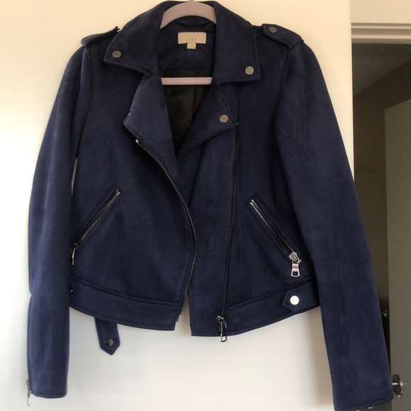 Blue suede moto jacket with zipper details - Picture 2 of 8